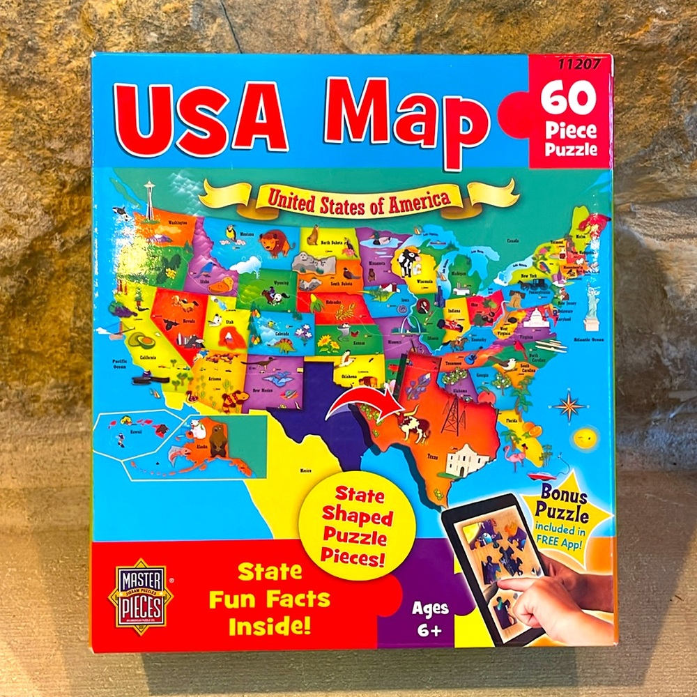 Master Pieces USA Map 60 Piece Puzzle with State Shaped Pieces with fact sheet